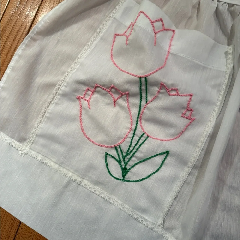 White Apron with Pink and Green Tulip zHandmade Embroidery Easter Spring